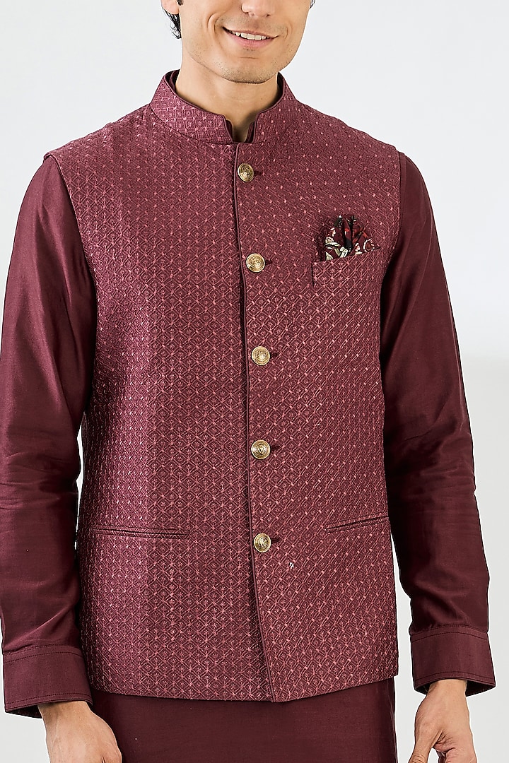 Burgundy Chanderi Silk Motif Printed Nehru Set by ARJAN DUGAL